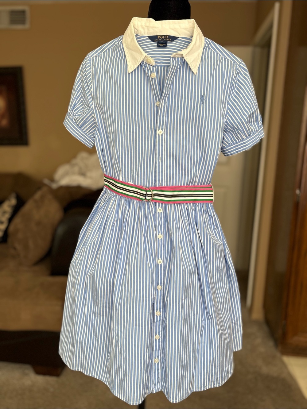 Polo by Ralph Lauren Blue & White Stripe Shirt Dress with Contrast Collar